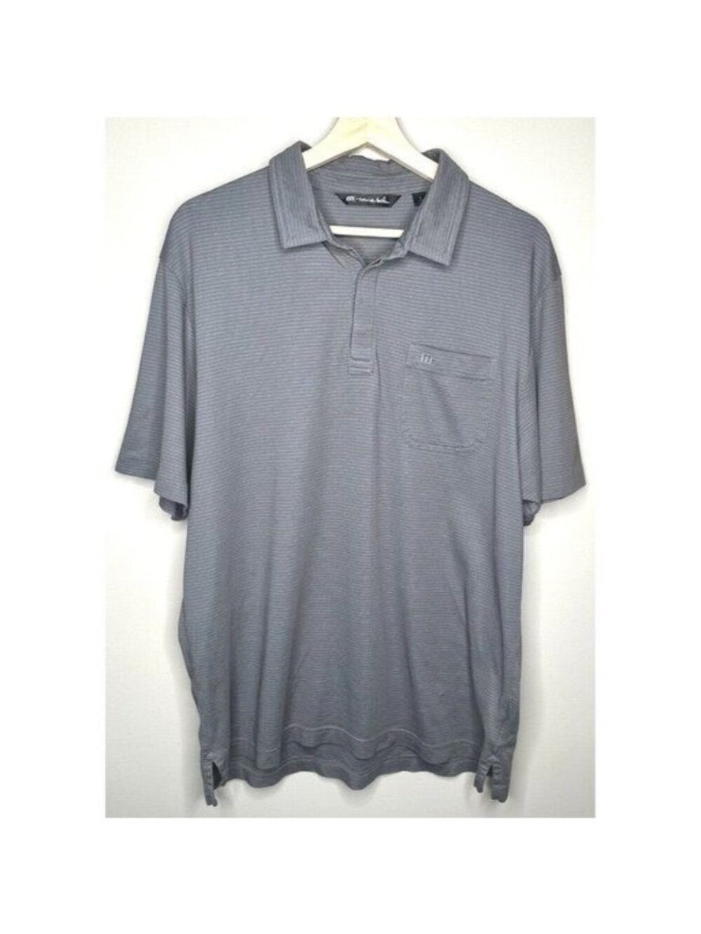 TravisMathew Golf Polo Shirt Mens L Gray Striped Pima Cotton Performance Pocket